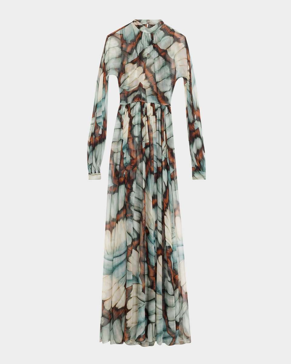 Butterfly Chiffon Long-Sleeve Maxi Dress